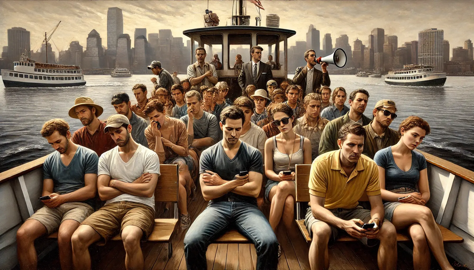 DALL·E 2024-12-21 12.48.38 – An oil painting of a group of tourists on a harbor tour, formatted in a wide landscape orientation. They are sitting on a boat, visibly bored and dise